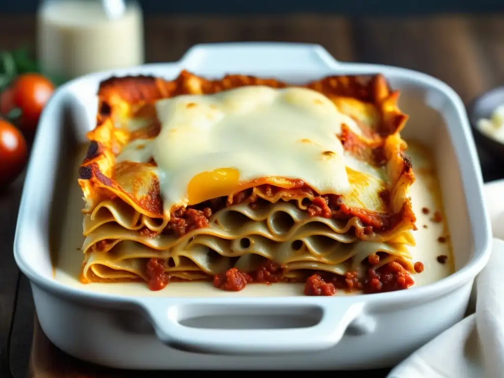 Deliciosa lasaña dorada sin gluten, con capas de bechamel, salsa de tomate y queso derretido en un plato de horno