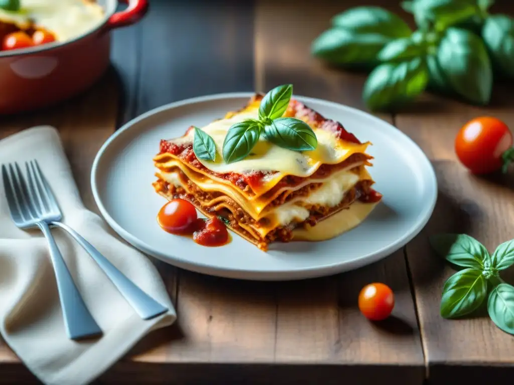 Deliciosa lasaña sin gluten: capas de pasta, salsa de tomate, bechamel y hierbas frescas