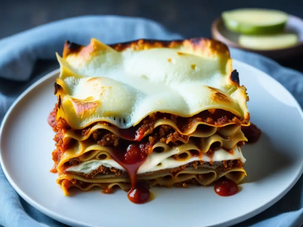 Deliciosa lasaña sin gluten con capas de salsa de tomate, queso ricotta, fideos y mozzarella fundida