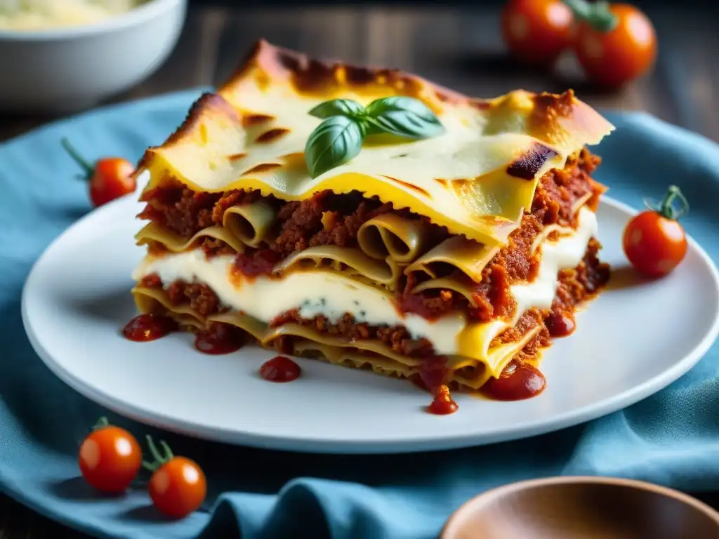 Deliciosa lasaña sin gluten: capas de pasta, salsa de tomate, bechamel y queso fundido, decorada con hierbas frescas y tomates cherry