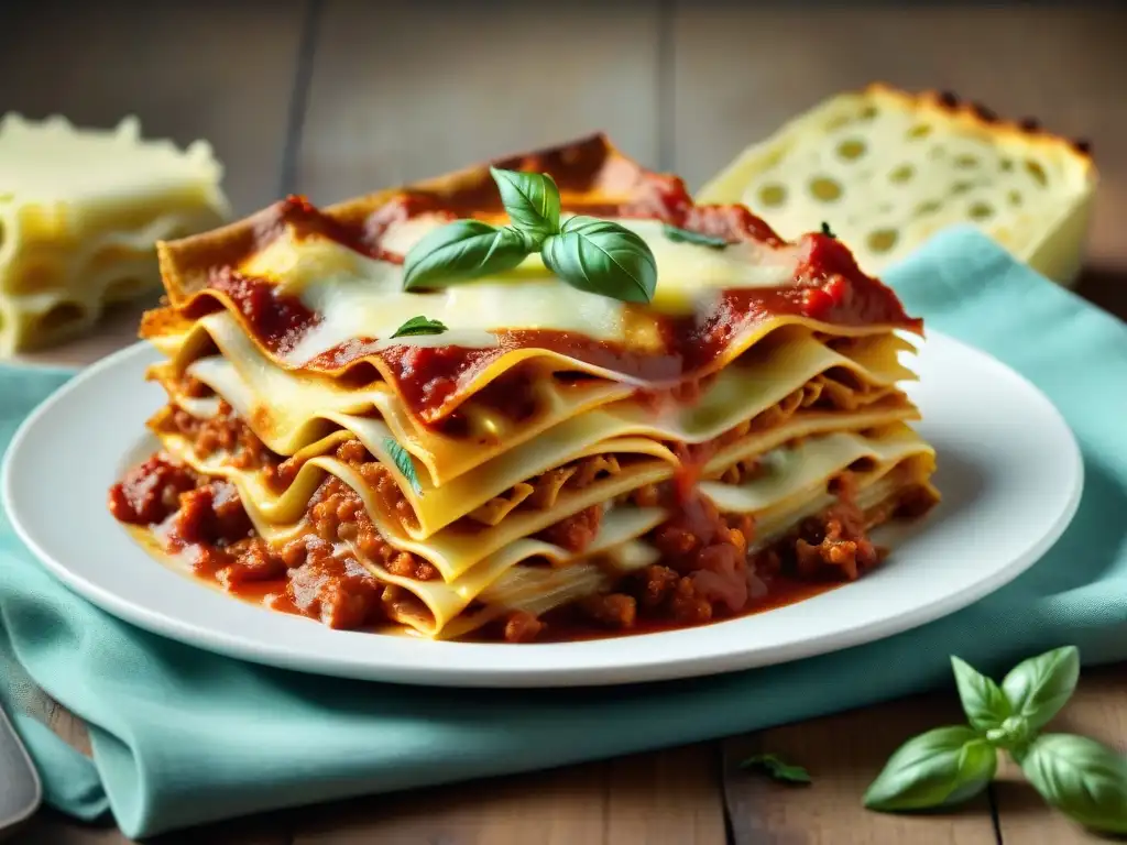 Deliciosa lasaña sin gluten con capas de pasta, salsa de tomate y queso derretido, perfecta para tu mesa