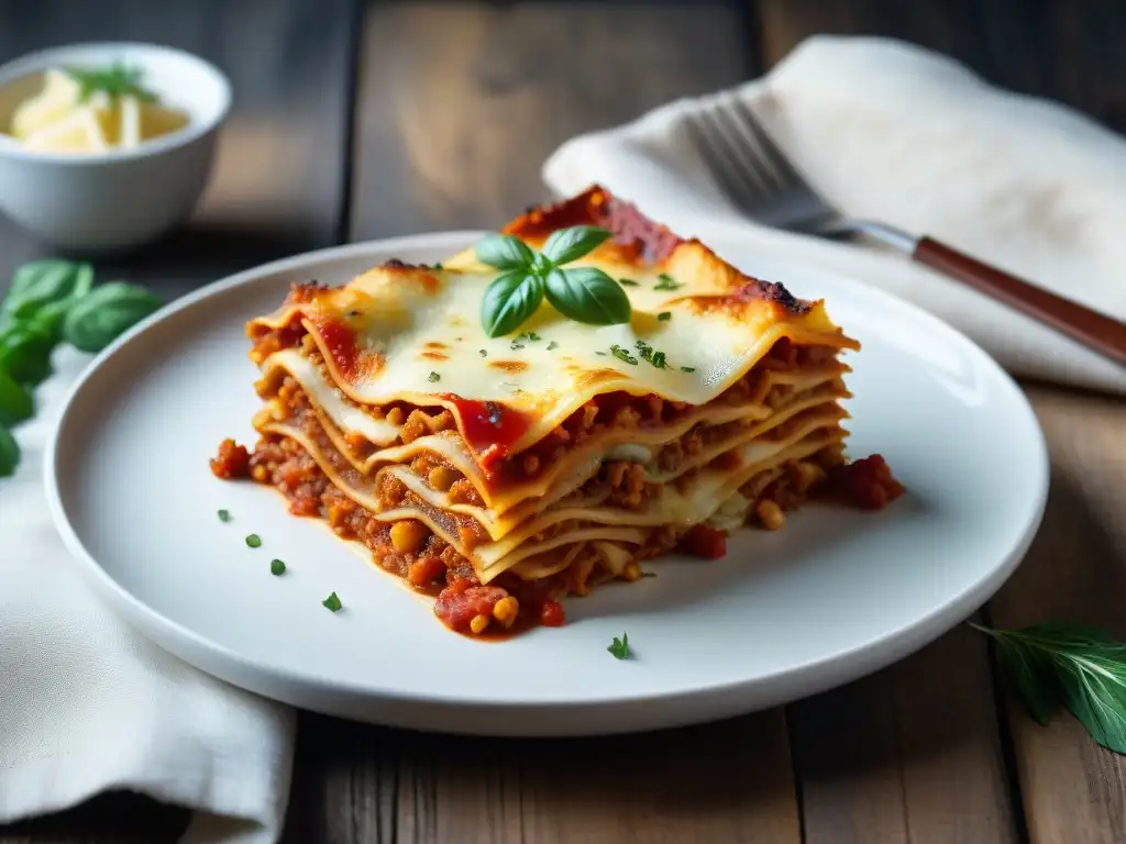 Deliciosa lasaña sin gluten con capas de pasta perfectamente cocida, salsa de tomate, queso cremoso y hierbas frescas