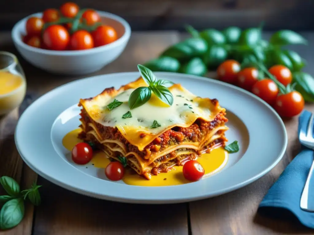 Deliciosa lasaña sin gluten, con capas de pasta perfectamente cocida, salsa de tomate, bechamel, hierbas frescas y tomates cherry