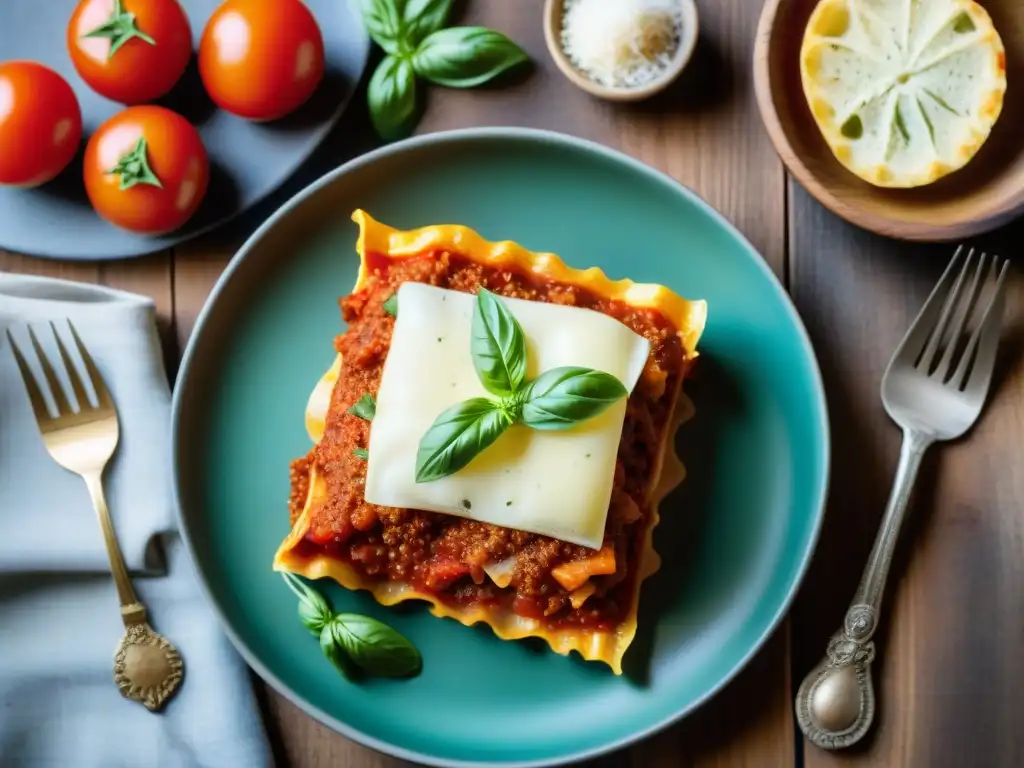 Deliciosa lasaña sin gluten, con pasta, salsa, carne, queso, albahaca y parmesano en mesa rústica