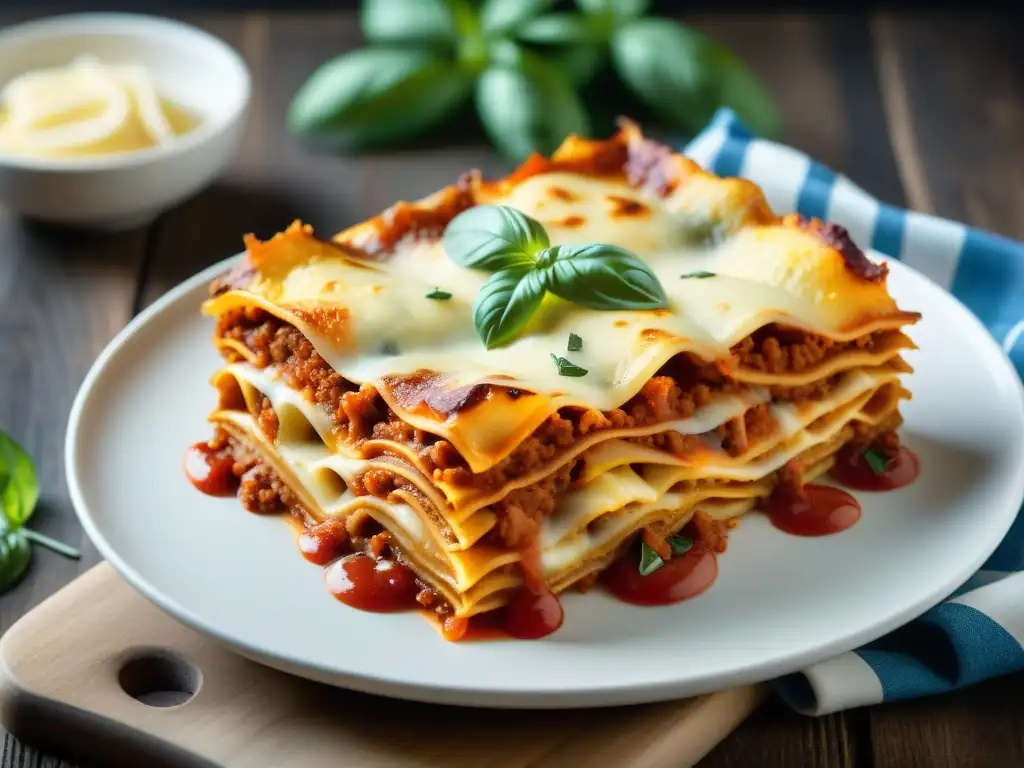 Deliciosa lasaña sin gluten con pasta, salsa de tomate, bechamel, queso fundido y albahaca fresca en mesa rústica