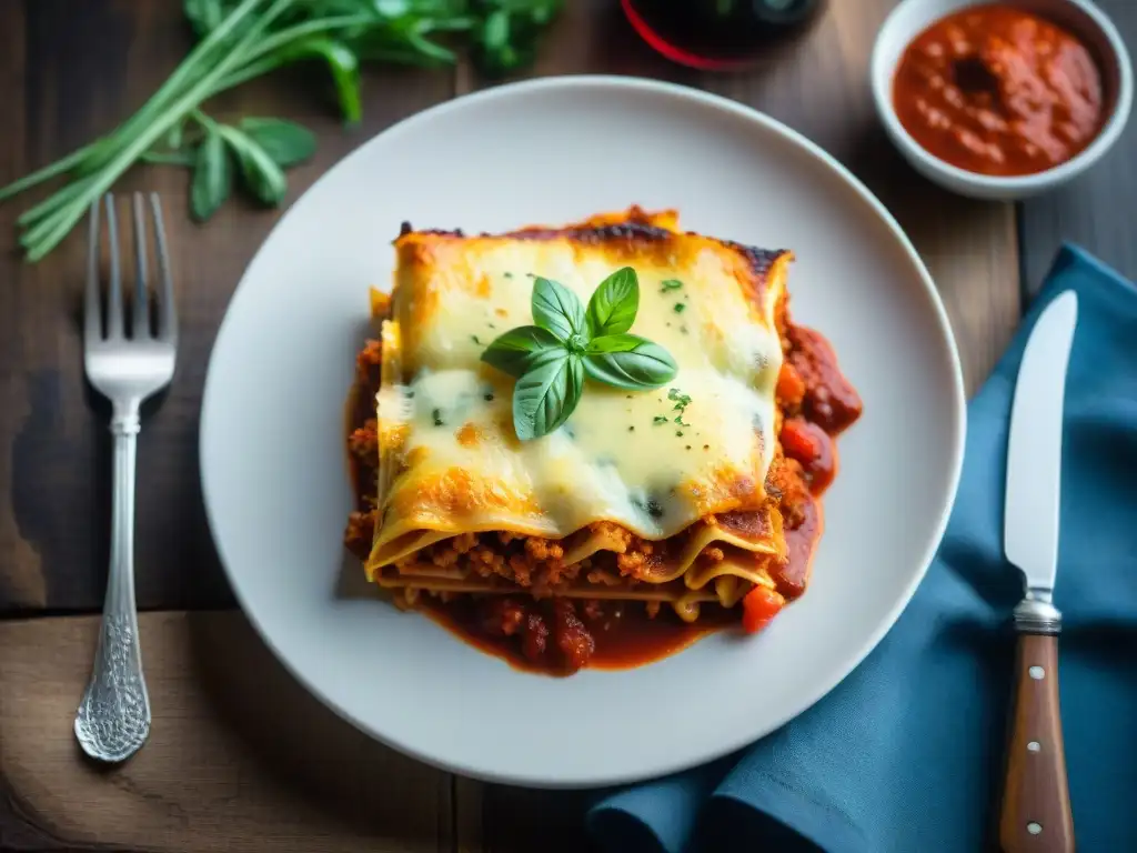 Una deliciosa lasaña sin gluten presentada de forma exquisita en una mesa rústica, acompañada de ensalada y vino tinto