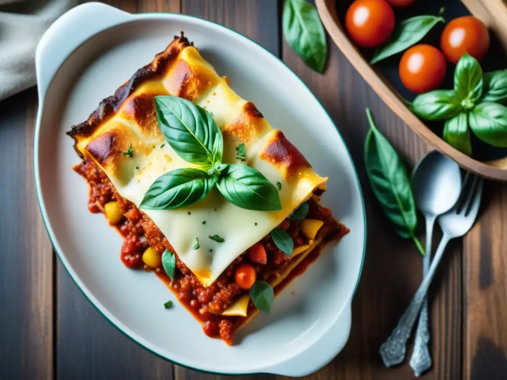 Deliciosa lasaña sin gluten con tomate, queso y verduras, decorada con albahaca y Parmesano en mesa rústica