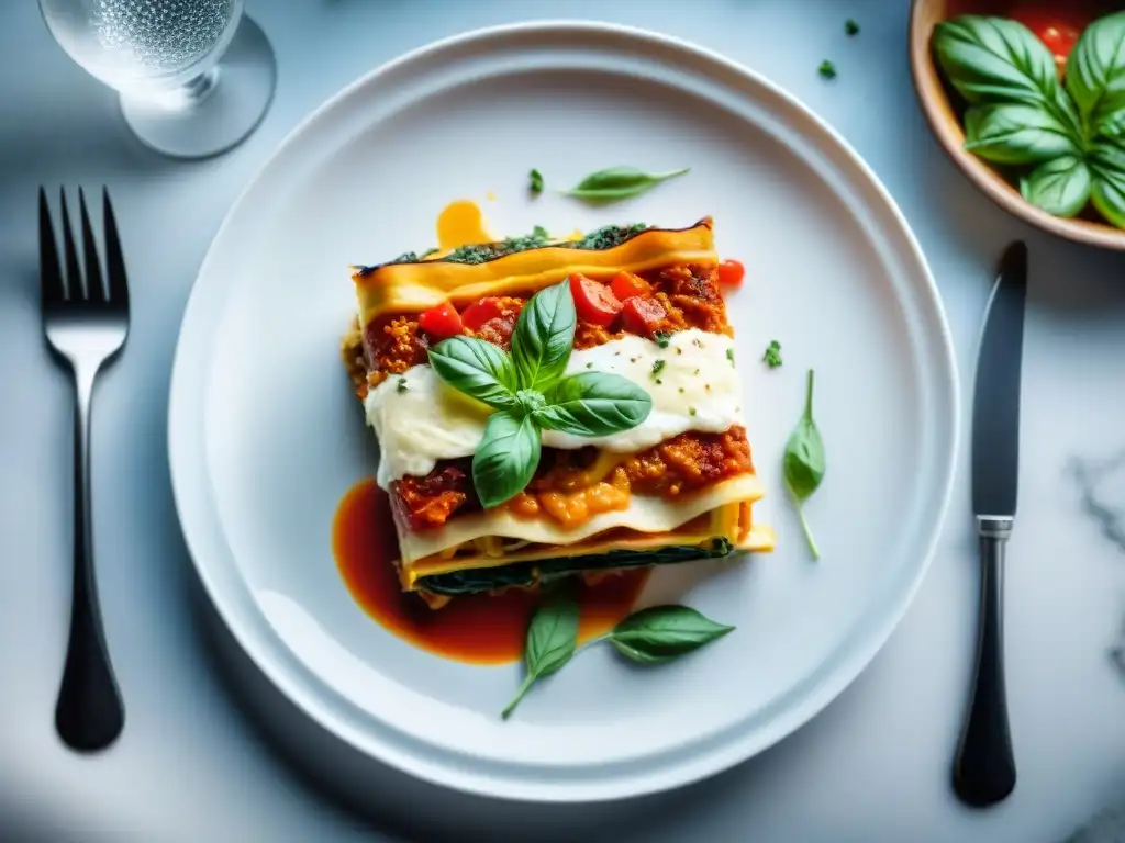 Deliciosa lasaña sin gluten con vegetales asados, ricotta cremosa, salsa de tomate y hierbas frescas, en plato blanco