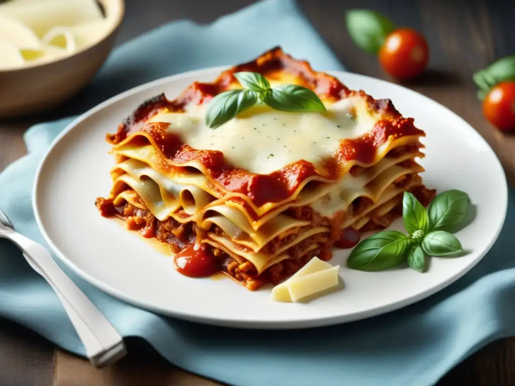 Deliciosa lasaña sin gluten recién horneada, con capas de pasta, salsa de tomate, bechamel y queso derretido, decorada con albahaca y Parmesano