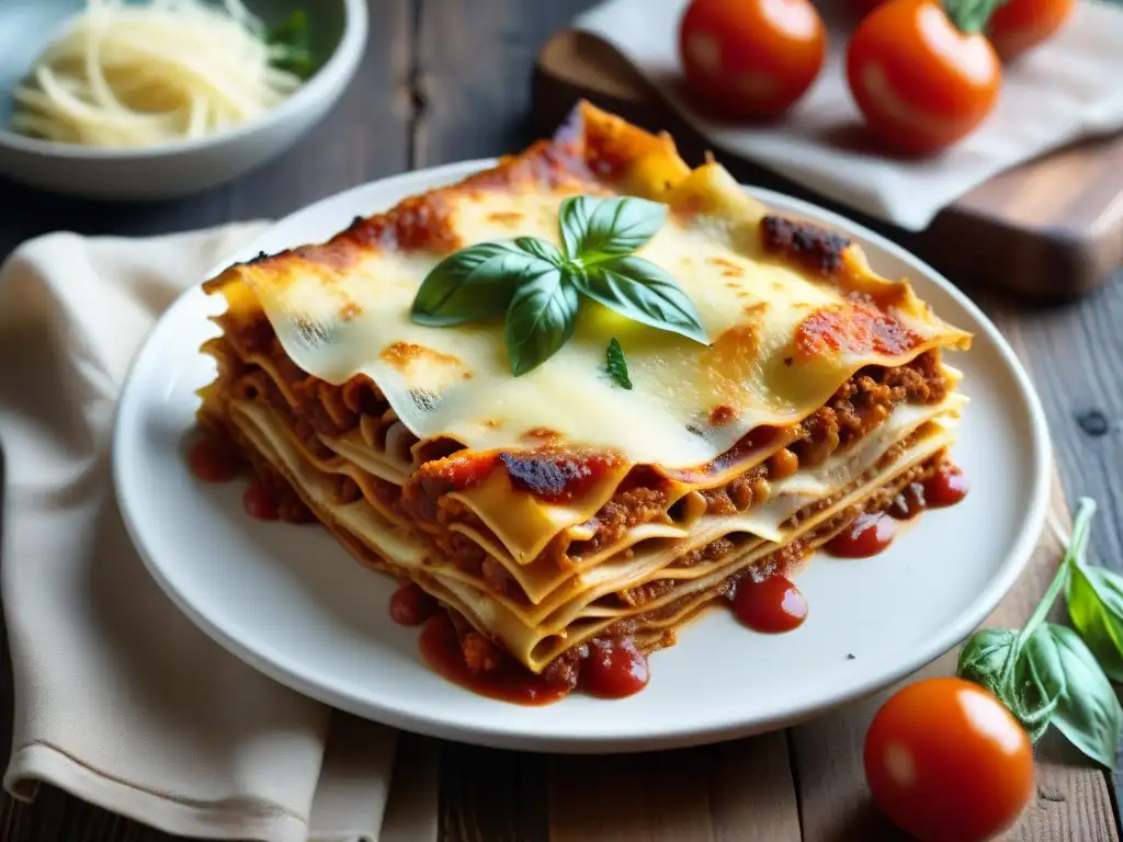 Deliciosa lasaña sin gluten recién horneada con queso derretido, salsa de tomate y hierbas frescas en una mesa de madera rústica