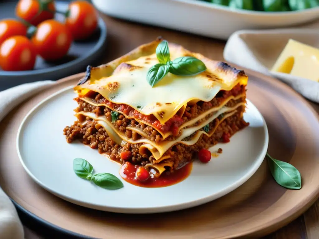 Deliciosa lasaña sin gluten recién horneada con queso dorado y vegetales, en ambiente acogedor