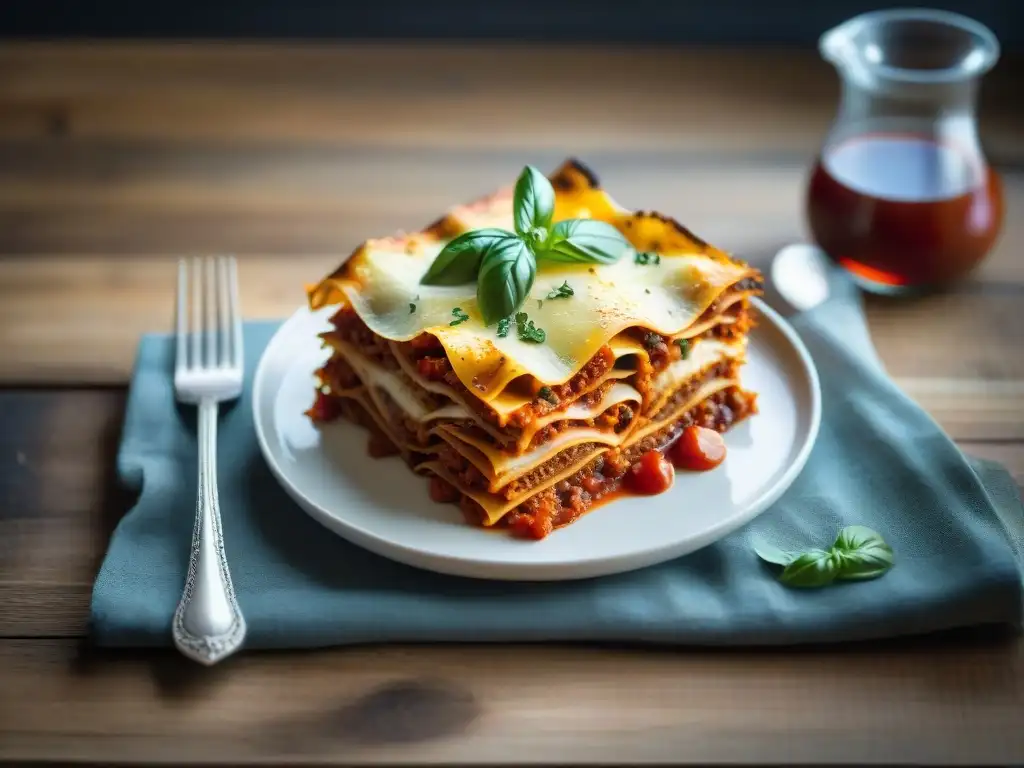 Deliciosa lasaña sin gluten y lácteos, con colores vibrantes y queso fundido, servida con amor