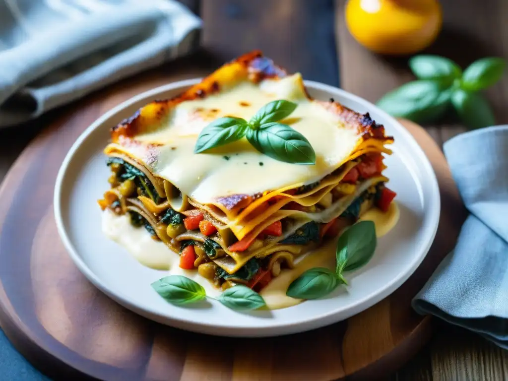 Una deliciosa lasaña vegana sin gluten, con verduras asadas, bechamel cremosa y albahaca fresca, sobre una mesa rústica