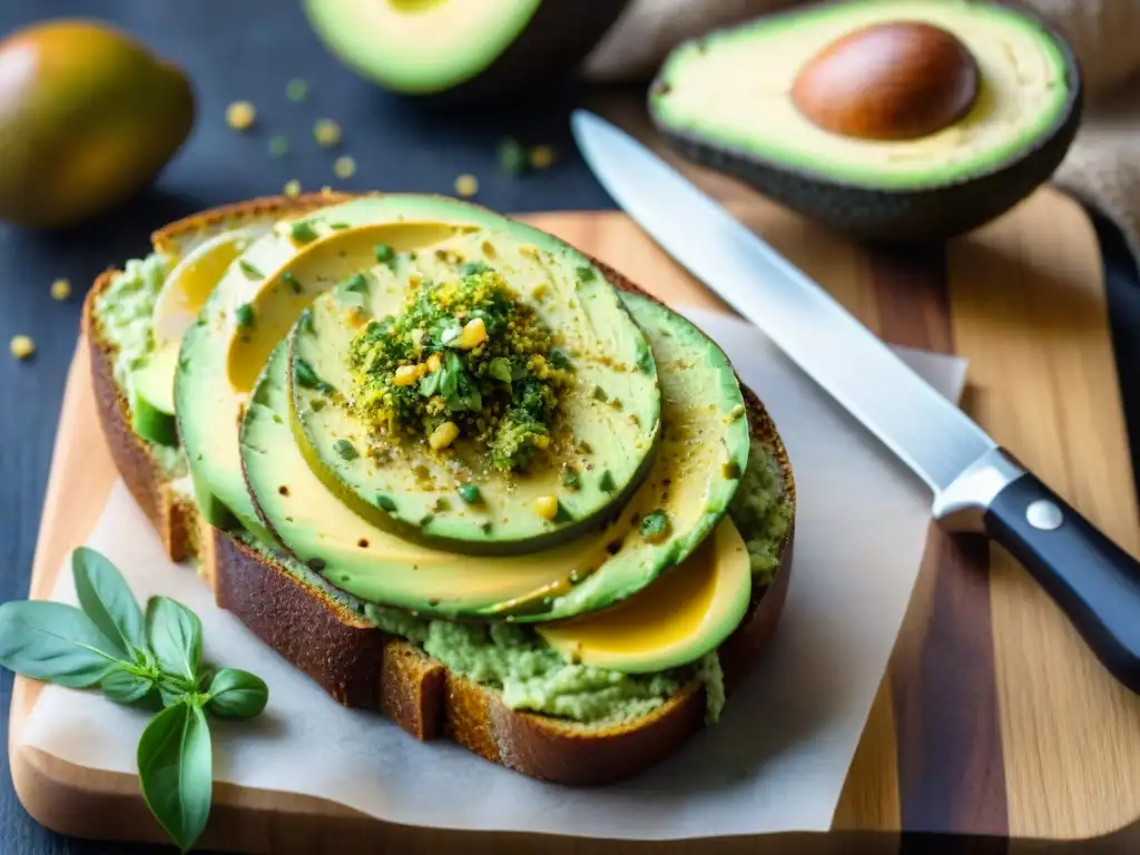 Deliciosa levadura nutricional sin gluten recetas sobre tostada de aguacate en tabla de madera rústica