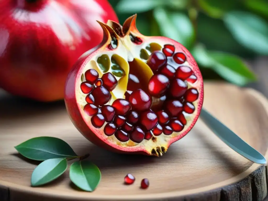 Deliciosa granada madura y jugosa con beneficios, semillas y hojas verdes, sobre mesa de madera rústica