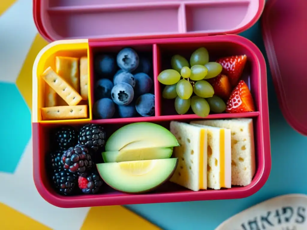 Una deliciosa merienda escolar sin gluten, repleta de frutas frescas, vegetales crujientes, queso y galletas saludables