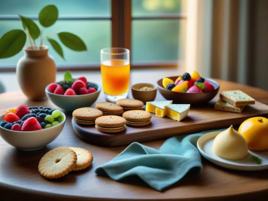 Deliciosa merienda sin gluten: galletas recién horneadas, frutas, quesos, té y crackers en una mesa acogedora