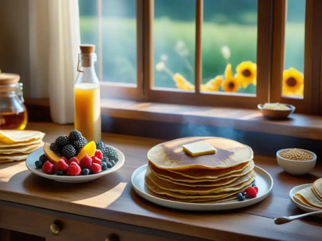 Deliciosa mesa de cocina con pan, panqueques y crepas de trigo sarraceno