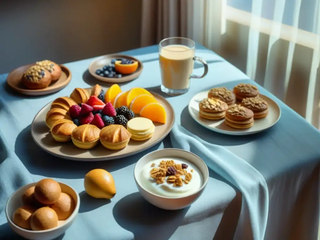 Deliciosa mesa de desayuno sin gluten para la familia con pastelería, frutas, granola y café en cocina soleada