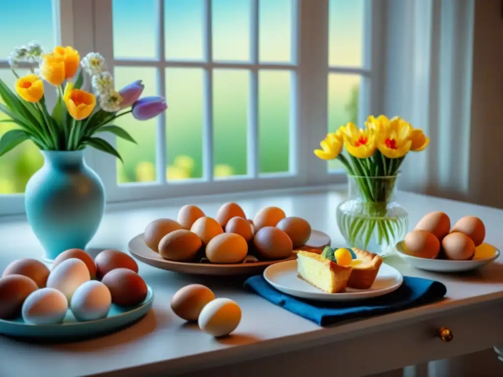 Deliciosa mesa de desayuno de Pascua sin gluten con pasteles, frutas frescas y huevos de colores