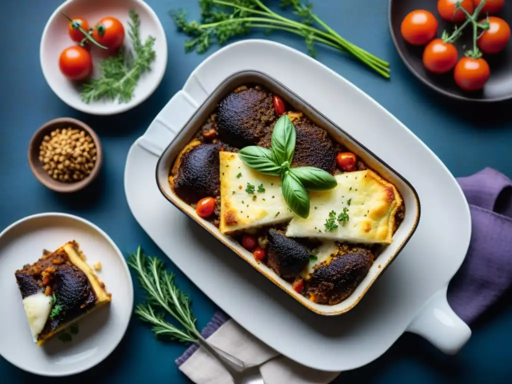 Deliciosa mesa con Moussaka sin gluten receta innovadora, llena de colores y sabores frescos