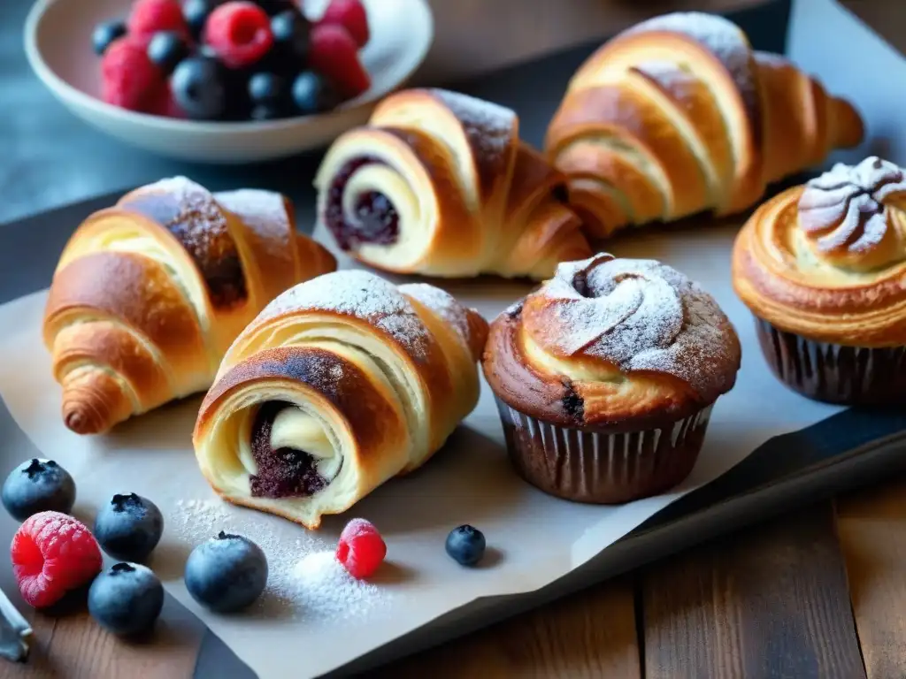 Deliciosa bollería sin gluten en mesa rústica con bayas frescas y azúcar glas