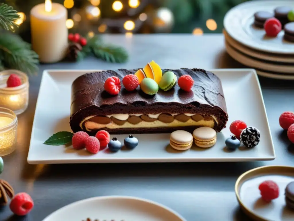 Deliciosa mesa navideña sin gluten con yule log, tarta de frutas, macarons y tiramisú, rodeada de luces y acebo