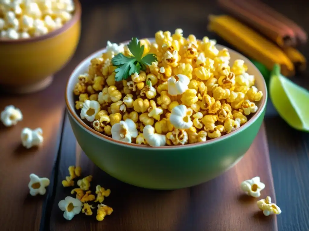 Deliciosa mezcla de palomitas especias sin gluten, brillantes y coloridas, adornadas con cilantro y limón, sobre mesa de madera rústica iluminada