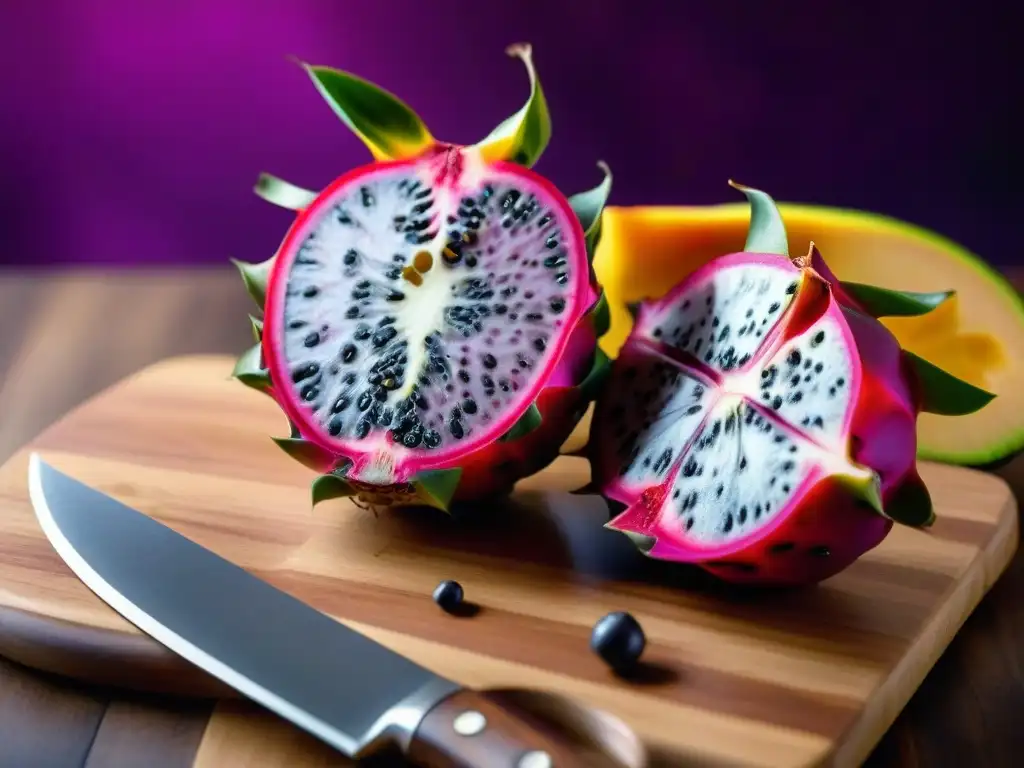 Deliciosa pitahaya morada cortada en mitades, con semillas negras sobre tabla de madera oscura, perfecta para jugos sin gluten