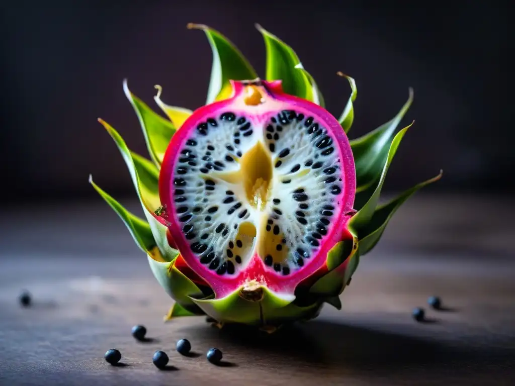 Deliciosa pitahaya morada con semillas negras en fondo oscuro, para cocina gourmet sin gluten