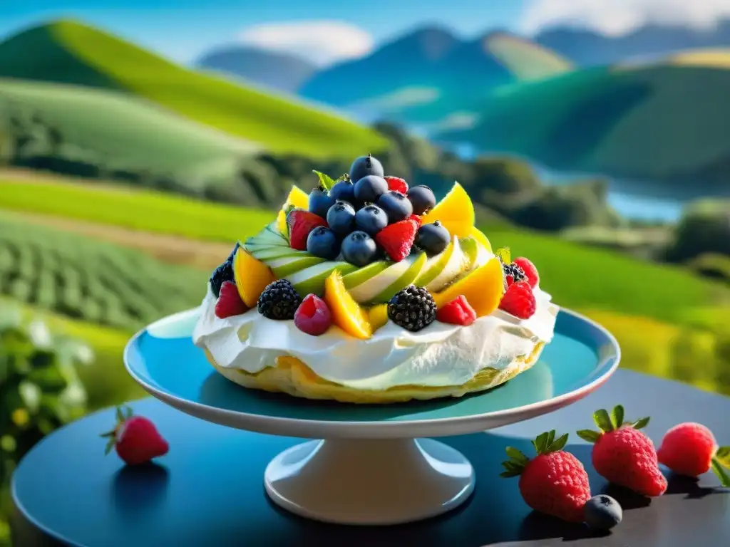 Deliciosa pavlova sin gluten Nueva Zelanda con frutas frescas en paisaje verde y azul