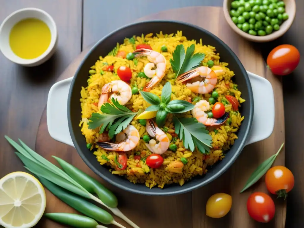 Una deliciosa paella sin gluten con ingredientes coloridos bajo el sol español