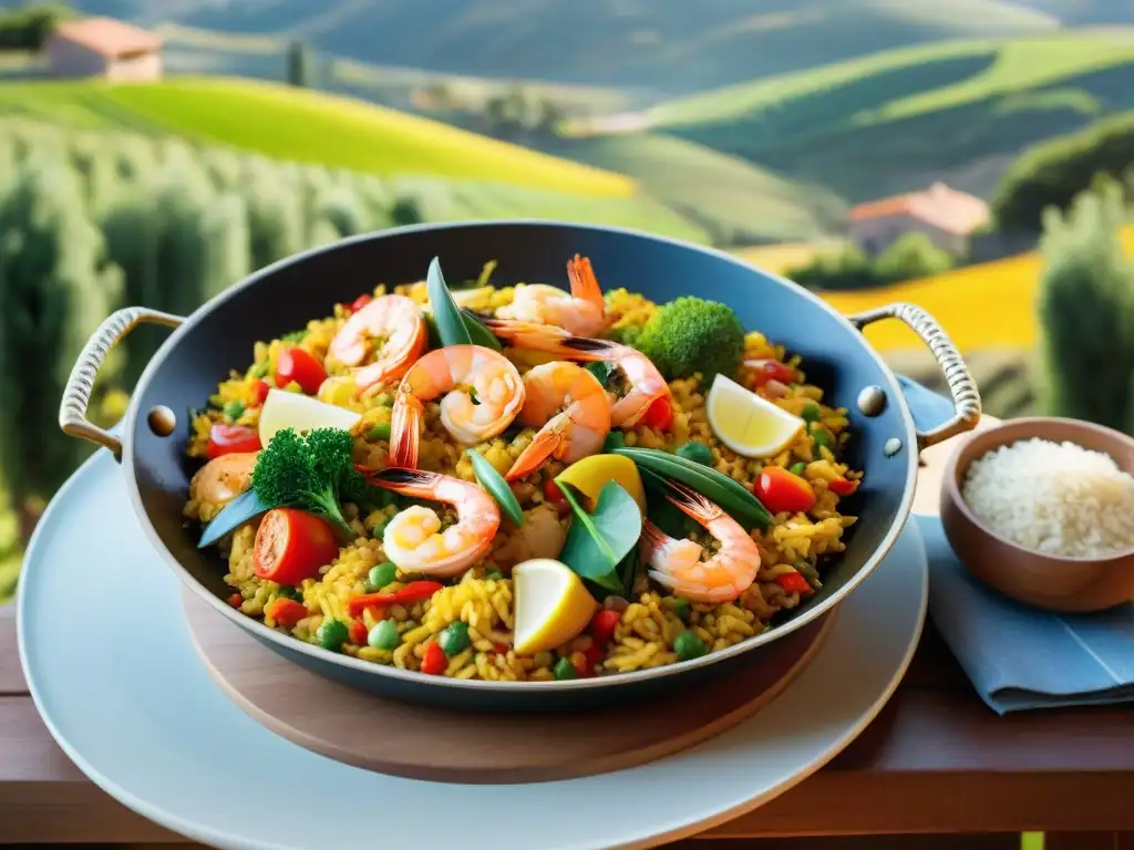 Una deliciosa paella sin gluten con ingredientes coloridos, en una sartén tradicional, bajo el sol mediterráneo