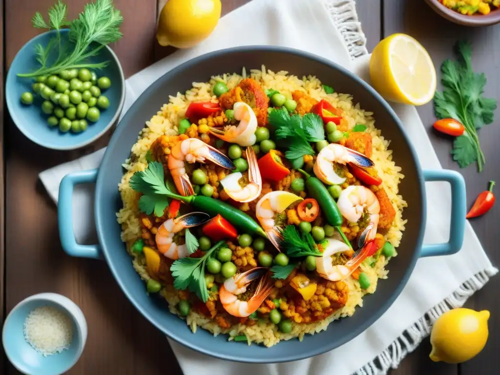 Deliciosa paella sin gluten con mariscos y pollo, servida en una mesa rústica con sangría