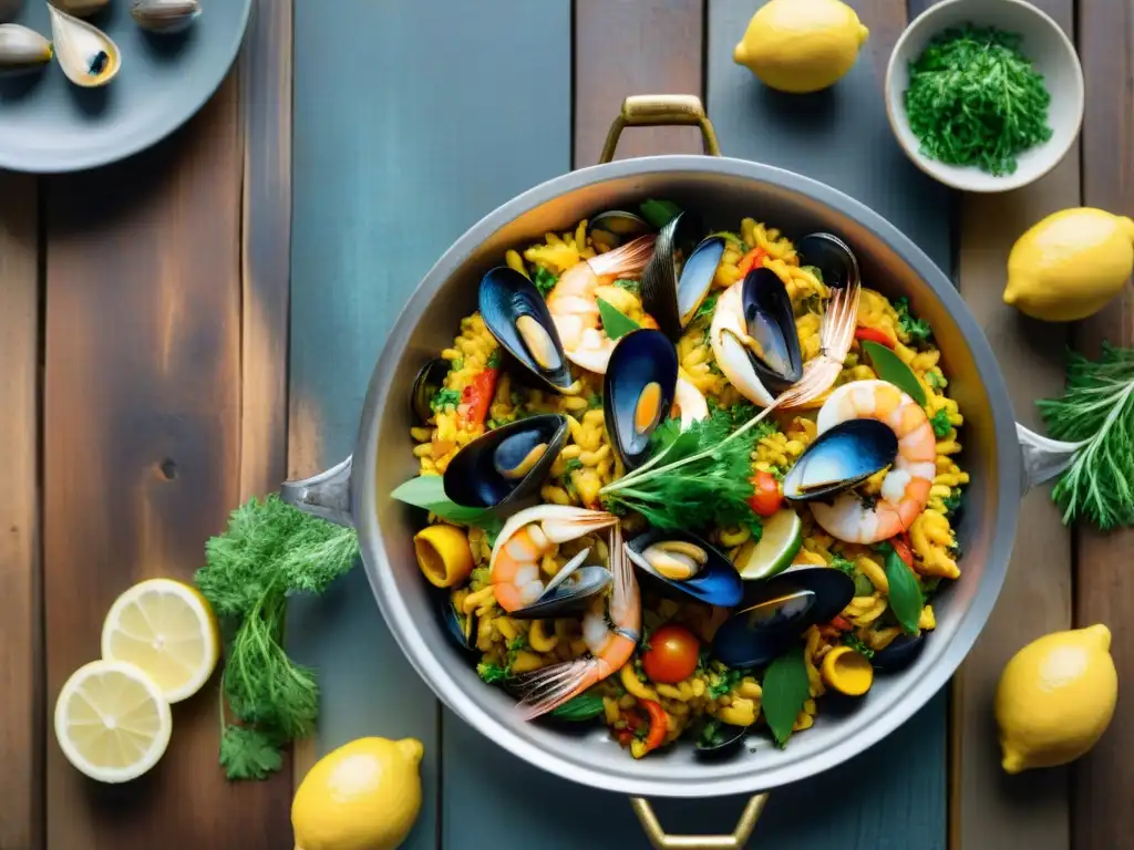 Deliciosa paella de mariscos sin gluten, con ingredientes frescos en una sartén tradicional española