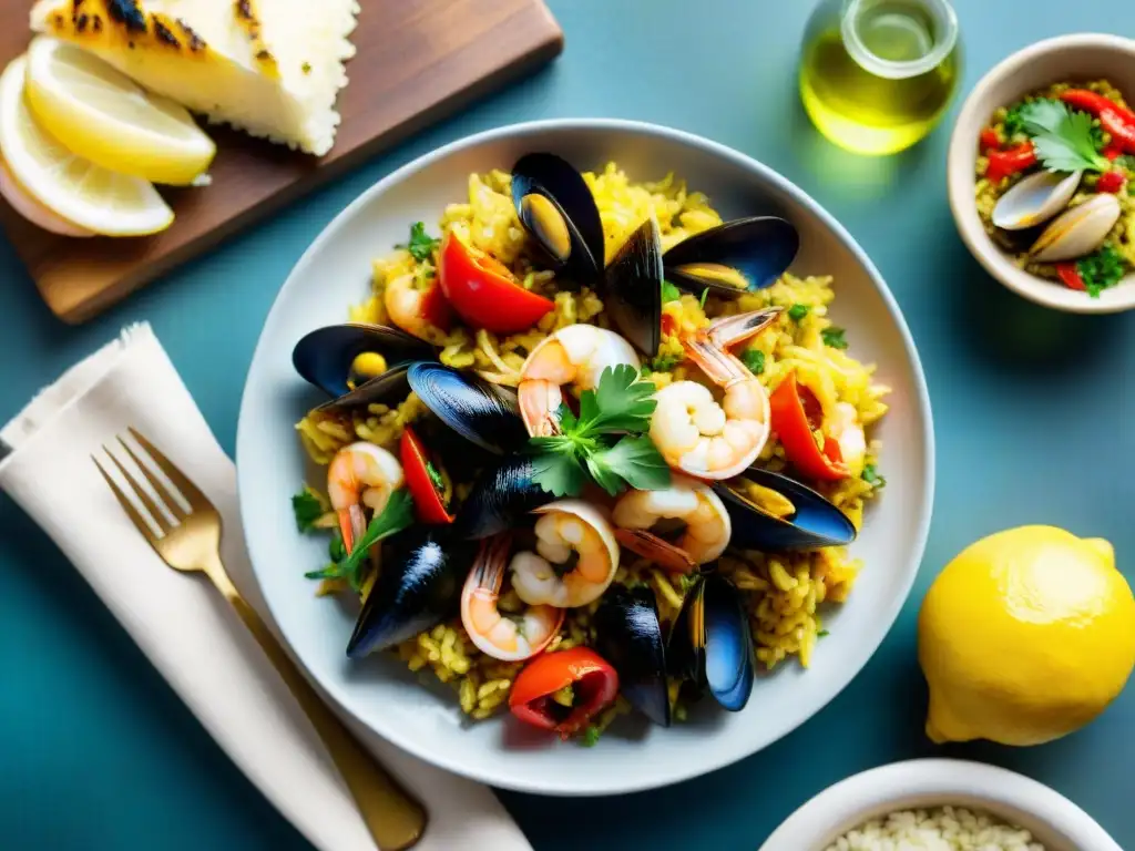 Deliciosa paella de mariscos latinos sin gluten en un entorno mediterráneo rustico