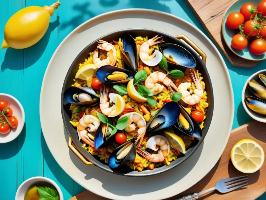 Deliciosa paella de mariscos en Menorca gastronomía sin gluten, servida en un plato cerámico sobre mesa de madera rústica