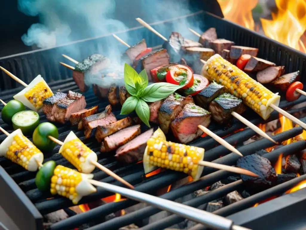 Deliciosa barbacoa sin gluten en la parrilla, con colores vibrantes y aromas tentadores bajo el sol