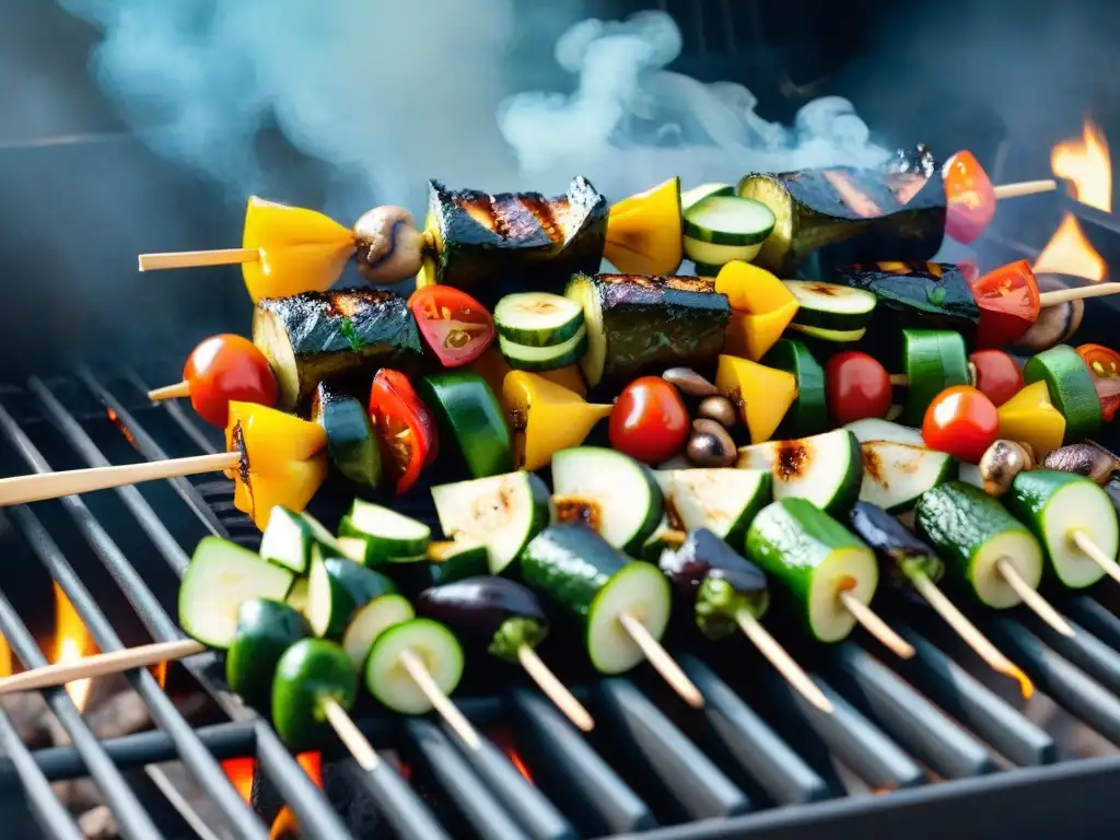 Deliciosa parrillada vegana sin gluten con coloridas brochetas de verduras a la parrilla y glaseadas, creando una escena vibrante y tentadora