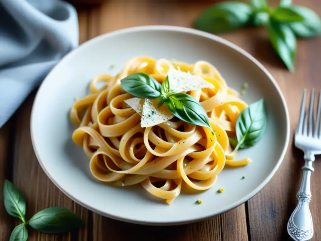 Una deliciosa pasta sin gluten con textura perfecta, bañada en una salsa cremosa y adornada con albahaca fresca y queso parmesano