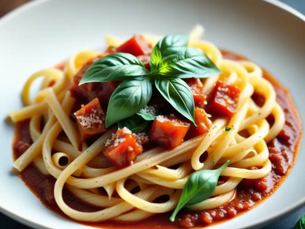 Deliciosa pasta sin gluten con textura única, salsa de tomate casera, albahaca fresca y queso parmesano rallado