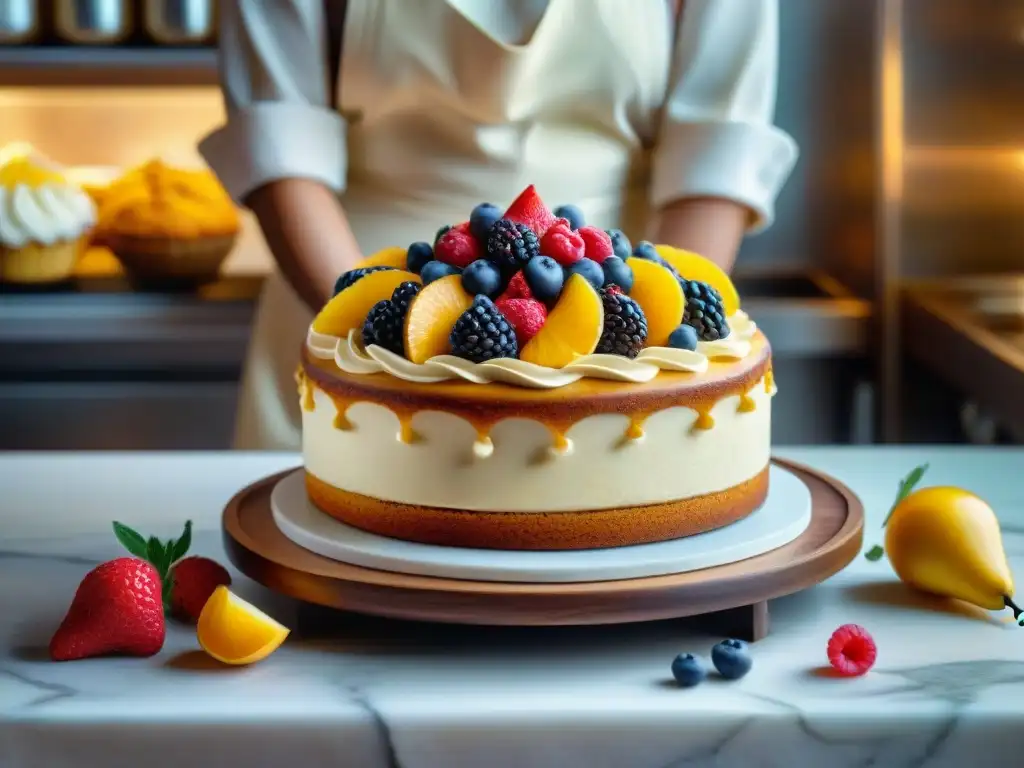 Deliciosa pastelería sin gluten: un detallado y realista pastel decorado con frutas y bayas vibrantes en una elegante pastelería