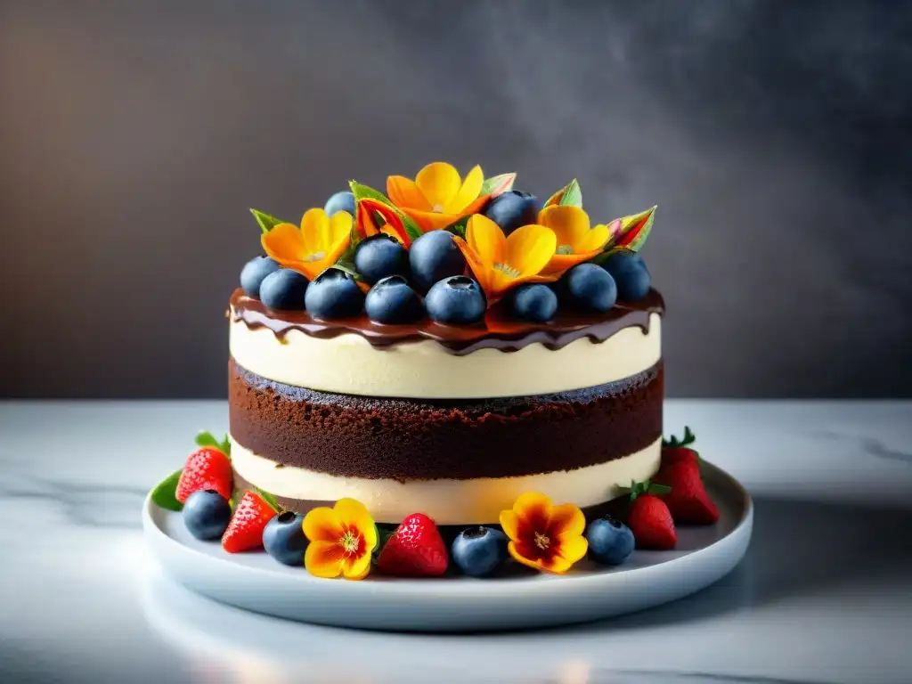 Deliciosa pastelería sin gluten: exquisita tarta de chocolate con ganache, frutas y flores comestibles en soporte de mármol