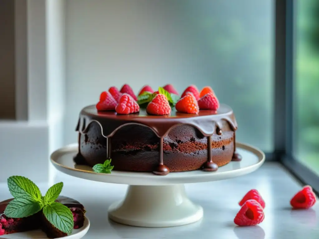 Deliciosa pastelería sin gluten: tentadora tarta de chocolate de tres capas con ganache, frambuesas y hojas de menta