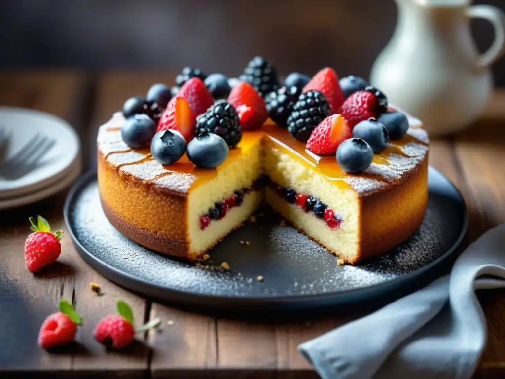 Deliciosa pastelería sin gluten: Tarta de harina de almendra con frutos rojos y miel en mesa rústica