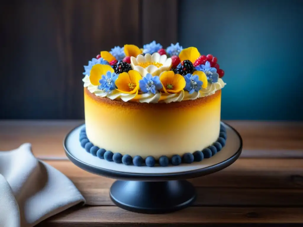 Deliciosa pastelería sin gluten: detalle de un hermoso pastel decorado con flores comestibles y frutos rojos frescos