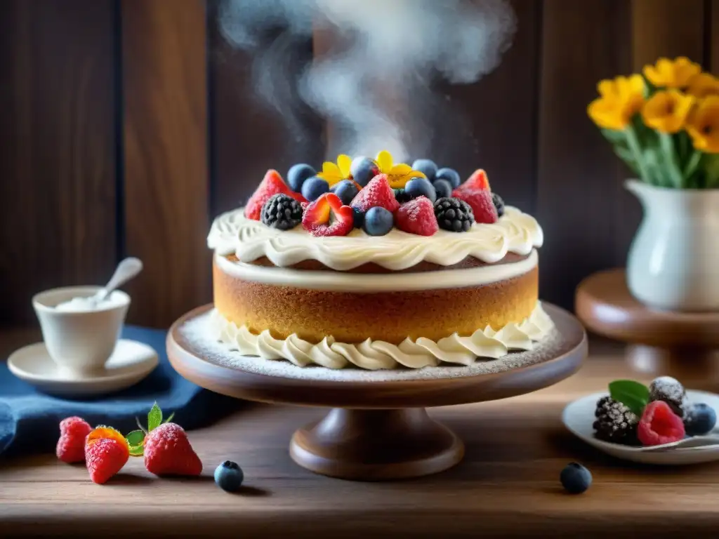 Deliciosa pastelería sin gluten: Tarta decorada con detalle, frutas frescas y flores comestibles en un entorno acogedor