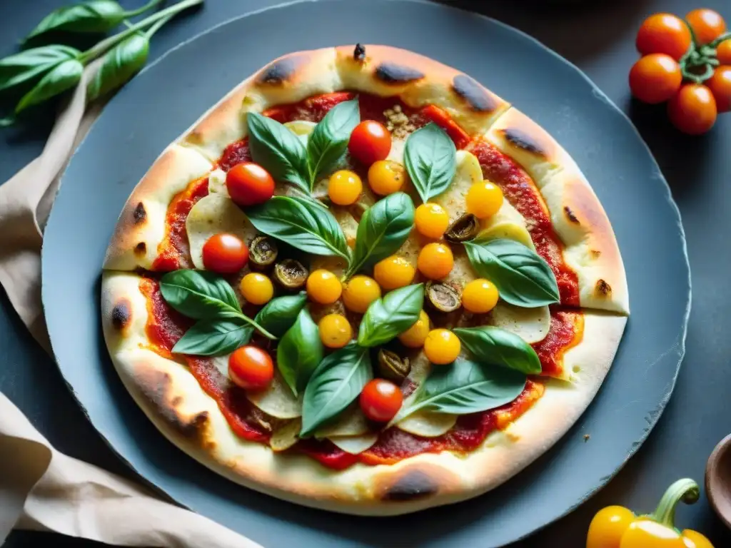 Una deliciosa pizza sin gluten y baja en carbohidratos, horneada en horno de piedra con ingredientes frescos y coloridos