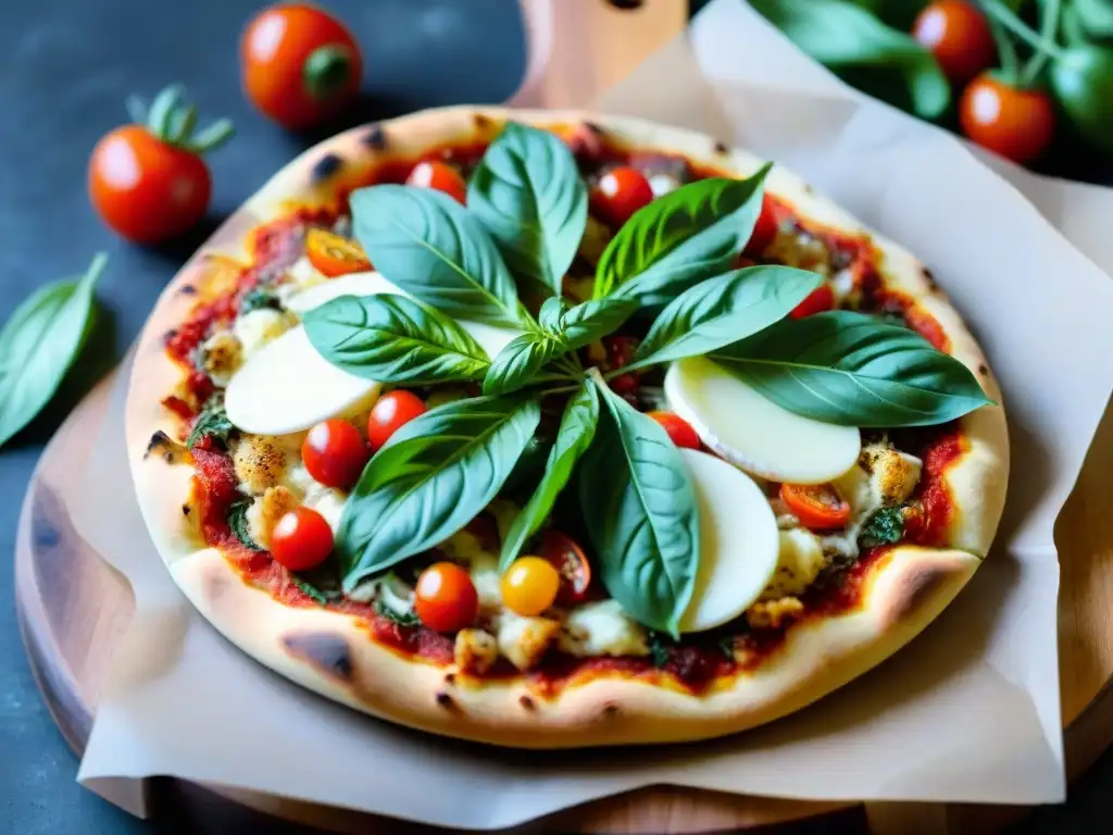 Deliciosa pizza sin gluten con base de coliflor, tomates cherry, albahaca fresca y mozzarella derretida en un mercado