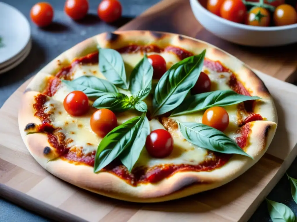 Deliciosa pizza sin gluten crujiente y sabrosa con tomate y albahaca fresca en una tabla de madera rústica